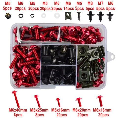 Ninja Compatible Motorcycle Bolt Kit With Red Nuts And Screws Assortment For 250 300 400 650R And 1000SX Beef Up Your Ride Style With Gloss Finish Hardware Durable Anti Bend Bolts, M5-M8 kit box