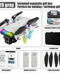 Kids Camera Drone for Ages 8 to 12 with LED Lights, remote control, accessories, spare blades, and storage bag.