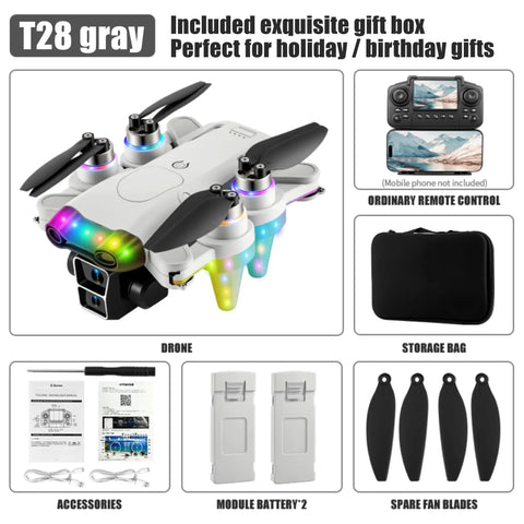 Kids Camera Drone for Ages 8 to 12 with LED Lights, remote control, accessories, spare blades, and storage bag.