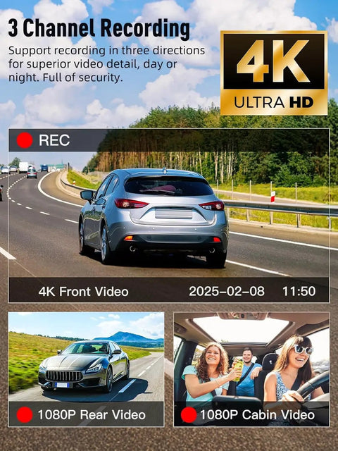 3 Channel 5G WiFi Dash Cam Front Cabin And Rear 4K Plus 1080P Plus 1080P Video With HDR Night Vision G Sensor displayed