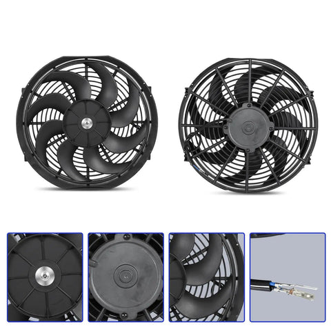 Universal 14 Inch Slim Electric Radiator Cooling Fan Kit 12V 90W Push Pull with detailed fan blade and motor design.