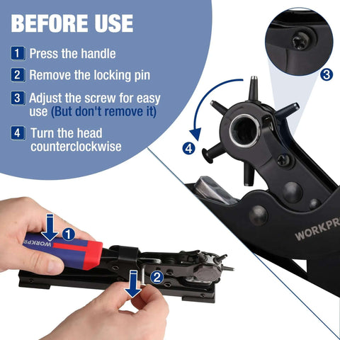 Instructions for using the Heavy Duty Rotary Leather Hole Punch Kit With Six Size Options For Belts Dog Collars Watch Bands And More