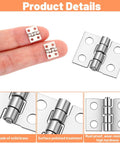 Small Copper Hinges Set 100 Pieces For Jewelry Boxes Dollhouses And Wooden Cabinets 10 By 8 Millimeter Miniature Folding Butt Hinges Durable Silver Finish Great For DIY Crafting Projects, showing miniature hinges in hand and detailed close-up views.