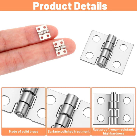 Small Copper Hinges Set 100 Pieces For Jewelry Boxes Dollhouses And Wooden Cabinets 10 By 8 Millimeter Miniature Folding Butt Hinges Durable Silver Finish Great For DIY Crafting Projects, showing miniature hinges in hand and detailed close-up views.
