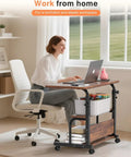 Portable Rolling Desk On Wheels With Adjustable Height, 32 Inch Computer Desk With Three Layer Storage Shelves, Rustic Home Office Table For Small Spaces in use