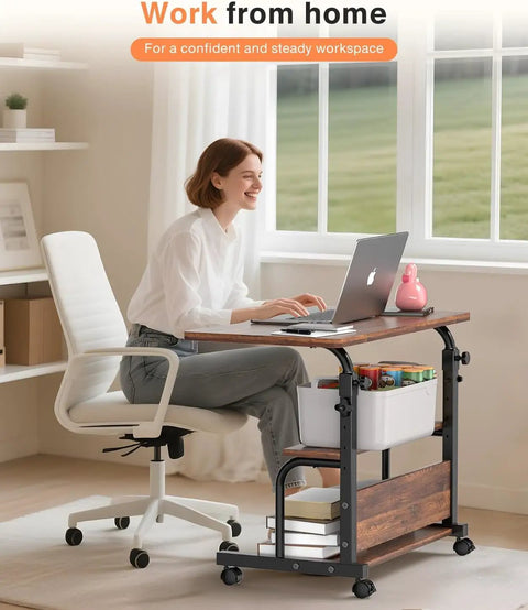 Portable Rolling Desk On Wheels With Adjustable Height, 32 Inch Computer Desk With Three Layer Storage Shelves, Rustic Home Office Table For Small Spaces in use
