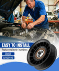 Heavy Duty Flanged Serpentine Drive Belt Tensioner Idler Pulley Part 38009 displayed on engine during installation.