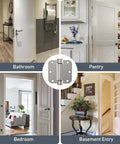 Self Closing Door Hinges 3.5 Inch Brushed Nickel Beefy Spring Loaded Hinges Heavy Duty Adjustable Tension For Interior Doors UL Listed Five Eighths Inch Radius Corners 2 Pack image showing hinge usage in bathroom, pantry, bedroom, and basement entry doors.