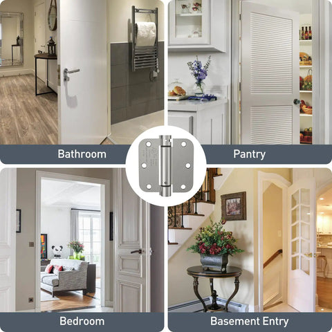Self Closing Door Hinges 3.5 Inch Brushed Nickel Beefy Spring Loaded Hinges Heavy Duty Adjustable Tension For Interior Doors UL Listed Five Eighths Inch Radius Corners 2 Pack image showing hinge usage in bathroom, pantry, bedroom, and basement entry doors.