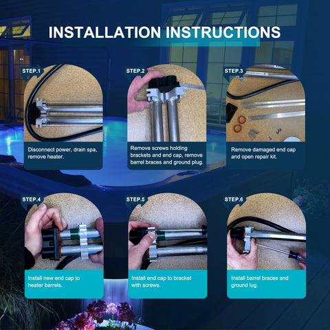 Installation instructions for 78077 Heater End Cap Replacement Kit for Hot Spring Limelight and Tiger River Hot Tub heaters