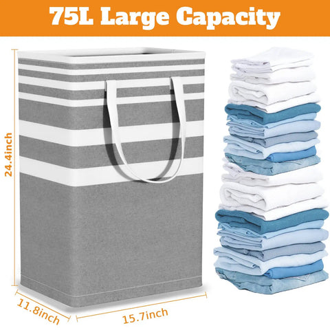 Three Pack 75L Laundry Basket Set With Collapsible Design Grab-and-Go Waterproof Hamper And Extended Handles next to folded clothes