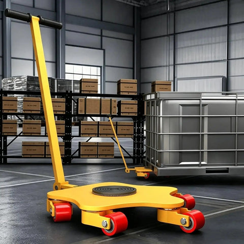 Heavy Duty Machine Mover Dolly With 360 Degree Swivel Equipment Skates in a warehouse setting, designed for industrial loads with a yellow finish.