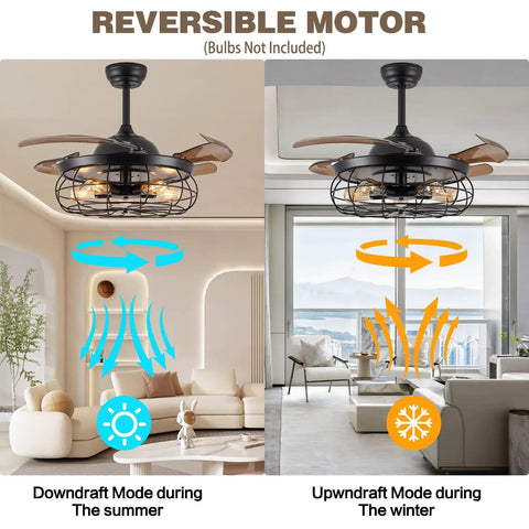 36 Inch Caged Ceiling Fan with Remote Control Industrial Vintage Chandelier Style illustrating downdraft and updraft modes.