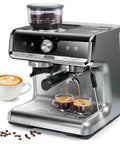 Top Tier Espresso Machine With Built In Conical Burr Grinder And Thirty Adjustable Levels Twenty Bar High Pressure Pump PID Heat Control Quick Milk Frothing Wand For Smooth Daily Brews And Serious Coffee Game Upgrades with coffee cups and beans.