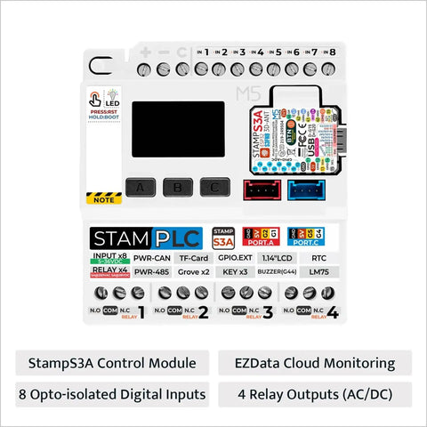 Industrial PLC Controller With StampS3A Core And Wireless IoT Support, featuring 8 opto-isolated inputs and 4 relay outputs, top view.