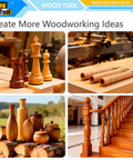 Woodworking projects including turned vases, chess pieces, and stair spindles in a workshop setting.