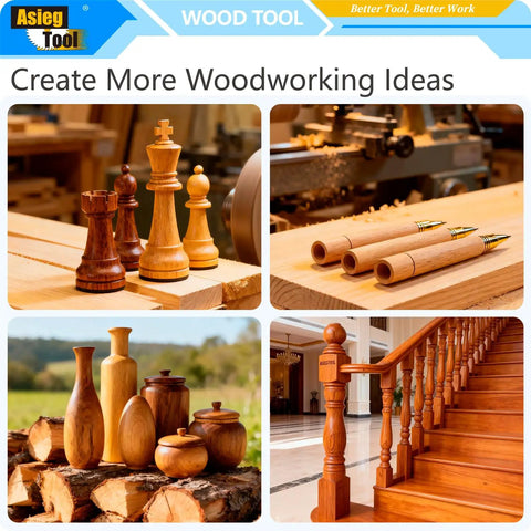 Image of wooden chess pieces, woodworking tools, turned wooden vases, and a staircase created with Six Piece Pro Grade Carbide Tipped Wood Turning Tool Set for Lathe With Swan Neck Hollower Rougher Finisher Detailer Parting Tools Interchangeable Aluminum Handle And Diamond Round And Square Carbide Inserts.