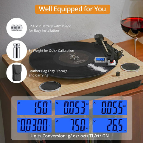 Digital Turntable Stylus Force Gauge for Vinyl Enthusiasts, Precise 0.01g to 5.00g Readings, Blue LCD Display, Tracks Tonearm Pressure, Protects Records, Easy to Use Tracking Force Scale on a turntable with stylus