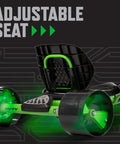 Close-up of Green Machine 20 Inch Drift Trike for Kids 8 and Up with dual stick steering, showing adjustable seat and LED light accents.