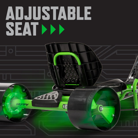 Close-up of Green Machine 20 Inch Drift Trike for Kids 8 and Up with dual stick steering, showing adjustable seat and LED light accents.