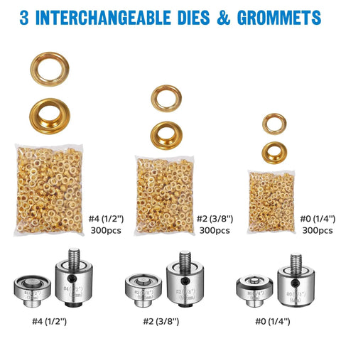 Grommet Tool Kit Beefy Heavy Duty Set, 3 interchangeable dies, 900 grommets in sizes 1/2, 3/8, and 1/4 inches for fabric use