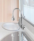 Top Shelf RV Kitchen Faucet Sporting A Slick 360 Rotating Sprayer Head And Hella Tough Stainless Steel Frame With An Eight Inch Two Hole Base For Nifty Camper Sink Swaps That Rock Easy Installation And Quick Cleanup, featuring a shiny chrome finish.