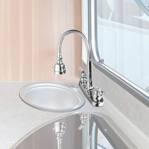 Top Shelf RV Kitchen Faucet Sporting A Slick 360 Rotating Sprayer Head And Hella Tough Stainless Steel Frame With An Eight Inch Two Hole Base For Nifty Camper Sink Swaps That Rock Easy Installation And Quick Cleanup, featuring a shiny chrome finish.
