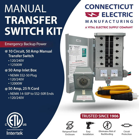 Backup Power Transfer Switch Kit 50 Amp With 10 Circuits Delivers 12,500 Watt Total Includes 25 Foot Cord And Outdoor Rated 50A Inlet
