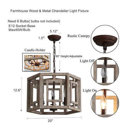 Rustic Barn Chic 6 Light Wood Pendant Chandelier With Vintage Cage Design product dimensions and features image