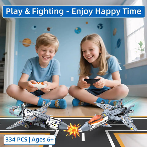 Kids playing with 5 in 1 STEM RC Robot Building Kit with fighter jet airplane set, showing remote control toys in action.