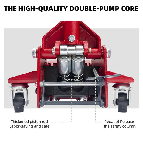 Bottom view of Beefy 3.5 Ton Safety Floor Jack With Auto Locking Stand In One 2 In 1 Hydraulic Jack for double safety.
