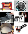 Premium Stainless Steel Automatic Espresso Coffee Maker With 19 Bar High Pressure Gauge, showing components, water tank, and frothing process.