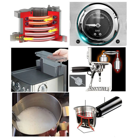Premium Stainless Steel Automatic Espresso Coffee Maker With 19 Bar High Pressure Gauge, showing components, water tank, and frothing process.