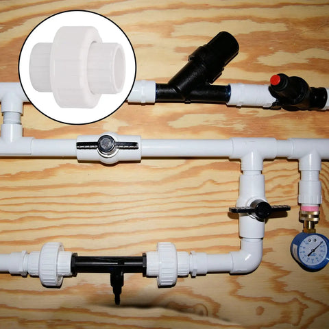 PVC plumbing setup with Six Pack Three Quarter Inch PVC Union Fittings Socket To Socket Slip On Couplings For Schedule 40