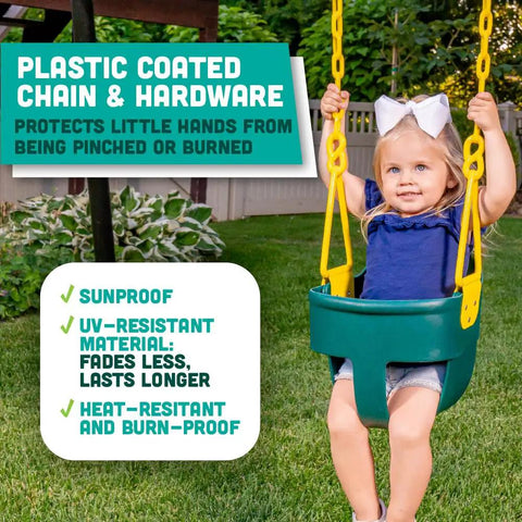 Toddler enjoying High Back Full Bucket Toddler Swing Seat With Finger Grip And No Pinch Plastic Coated Chains And Carabiners