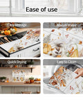 Collage showing Fall Thanksgiving Dish Drying Mat Set with pumpkin leaves design in use on kitchen counters and in washing machine.