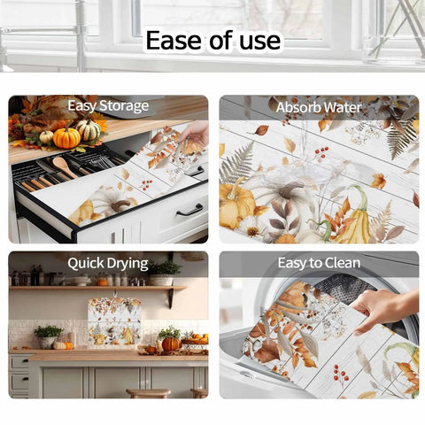 Collage showing Fall Thanksgiving Dish Drying Mat Set with pumpkin leaves design in use on kitchen counters and in washing machine.
