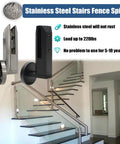 No Sweat Side Mount Glass Clamps, Boss Grade 304 Stainless Steel Spigots for 10 to 12 mm panels, black and silver, mounted on a stair railing.
