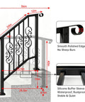 Heavy Duty Wrought Iron Porch Railing For Outdoor Stairs Rock Solid Adjustable Handrail Fits 2 To 3 Steps with detailed dimensions.