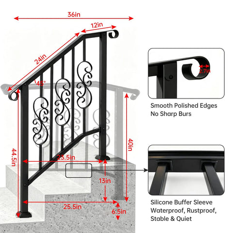 Heavy Duty Wrought Iron Porch Railing For Outdoor Stairs Rock Solid Adjustable Handrail Fits 2 To 3 Steps with detailed dimensions.