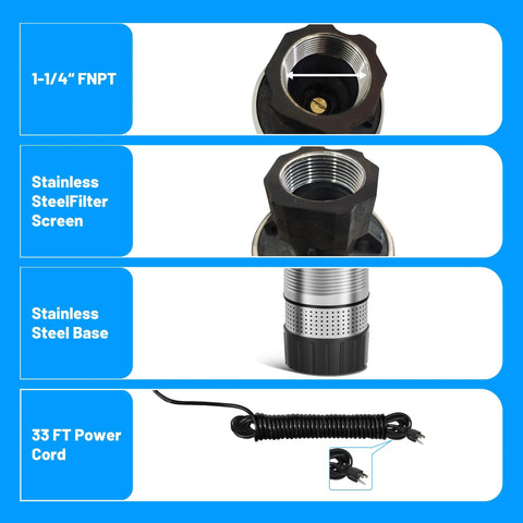 Features of heavy-duty submersible water pump: FNPT, stainless steel filter screen, base, and 33 ft power cord for reliable performance.