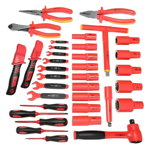 Pro Grade 36 Piece Insulated Socket Wrench Set Featuring 1000 Volt Safety Protection And Half Inch Drive Deep Sockets arranged on a surface.