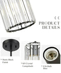 Product details of Four-Tier Crystal Chandelier In Matte Black, Modern 3-Light Pendant For Dining Room with matte black finish and crystal lampshade.
