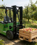 Heavy Duty Side Loading Electric Forklift With 5000 Lb Capacity And Quick Charge Lithium Ion Battery moving apples in orchard.