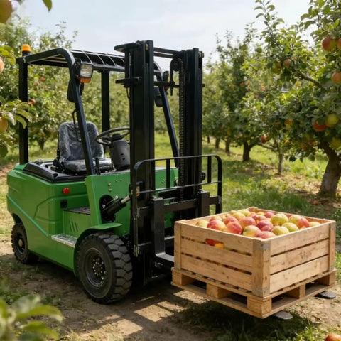 Heavy Duty Side Loading Electric Forklift With 5000 Lb Capacity And Quick Charge Lithium Ion Battery moving apples in orchard.