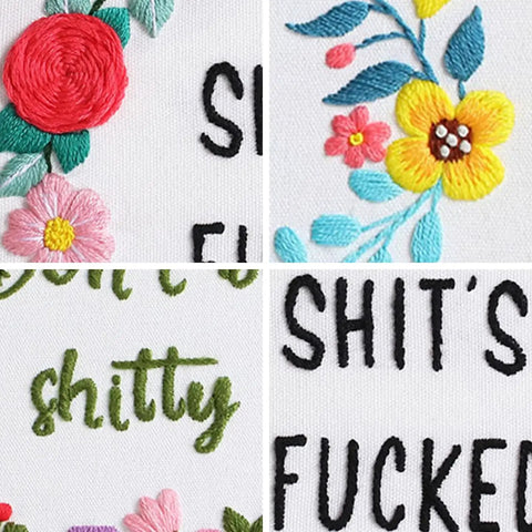 Three Sets Of Funny Embroidery Kits For Beginners With Flower Wreath Pattern And Funny Words Pattern DIY Easy Cross Stitch Kit