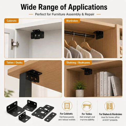 8 Pack Stainless Steel L Shaped Corner Brackets With Screws in use on cabinets, tables, and shelves for anti-loosen support