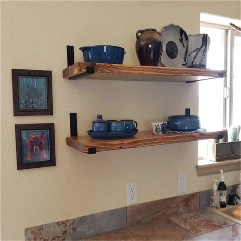 Six Piece Wall Mounted Iron Shelves Set With Heavy Duty Industrial Angle Brackets and Corner Braces holding kitchenware