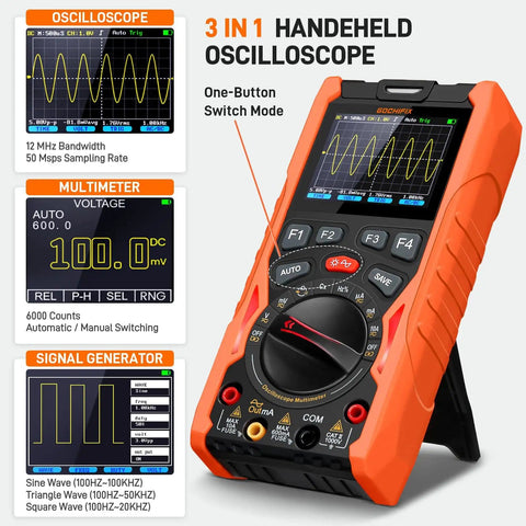 Handheld 3 In 1 Oscilloscope Multimeter And Waveform Generator With 12MHz Bandwidth 50MSaPerS Sampling USB Lab Scope Kit display