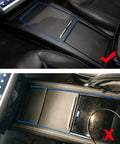 Top and bottom view of Tesla Model S X Center Console Organizer With Armrest Storage Box And Cup Holder For 2016 To 2021 Models.